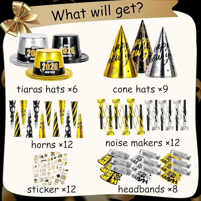 2026 New Years Eve Party Supplies, 60 Pcs New Year Eve Party Hats and Horns, Headband, Tattoos, Blowouts 2026 New Year Party Favors