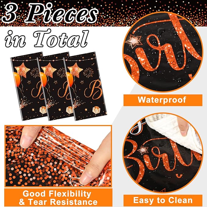 Tudomro 3 Pcs Happy Birthday Tablecloths Happy Birthday Party Decorations Plastic Table Cover Rectangular Cloths for Women Men Baby Shower Party Supplies, 108 x 54 Inch (Black Orange)