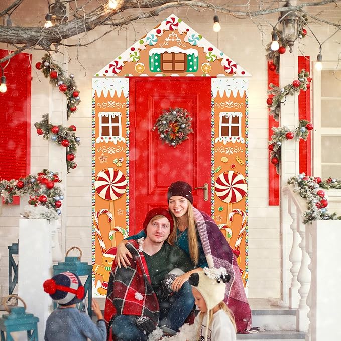 Christmas Gingerbread Door Cover Banners Decor Set,3 Piece Gingerbread House Decorations with Triangle Topper and Hanging Ginger Bread Christmas Decorations Banner for Porch Party Winter outdoor Decor