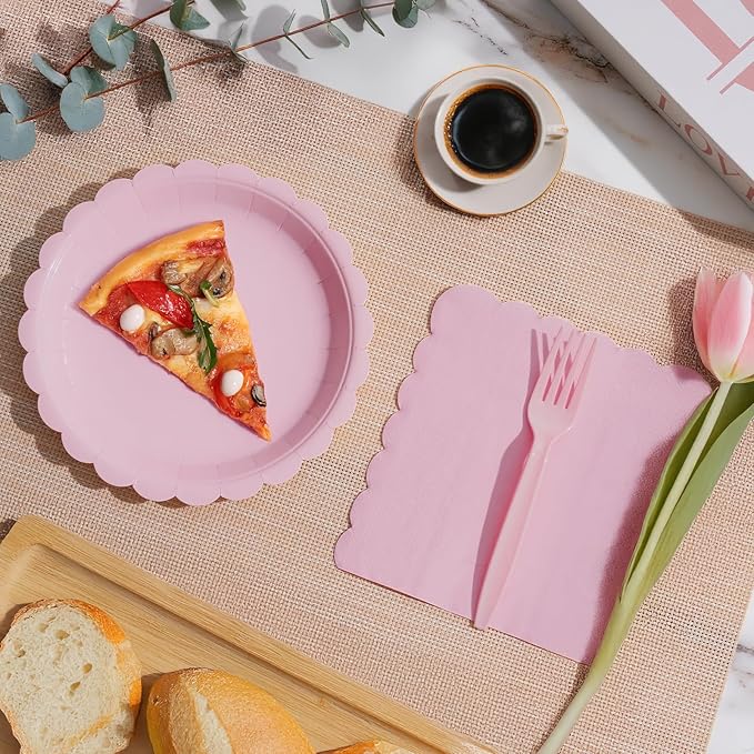 105PCS Paper Plates and Napkins Set,7 Inch Scalloped Disposable Tableware with Forks for Birthdays, Garden Parties & Outdoor Events,Serves 35 (Light Pink)