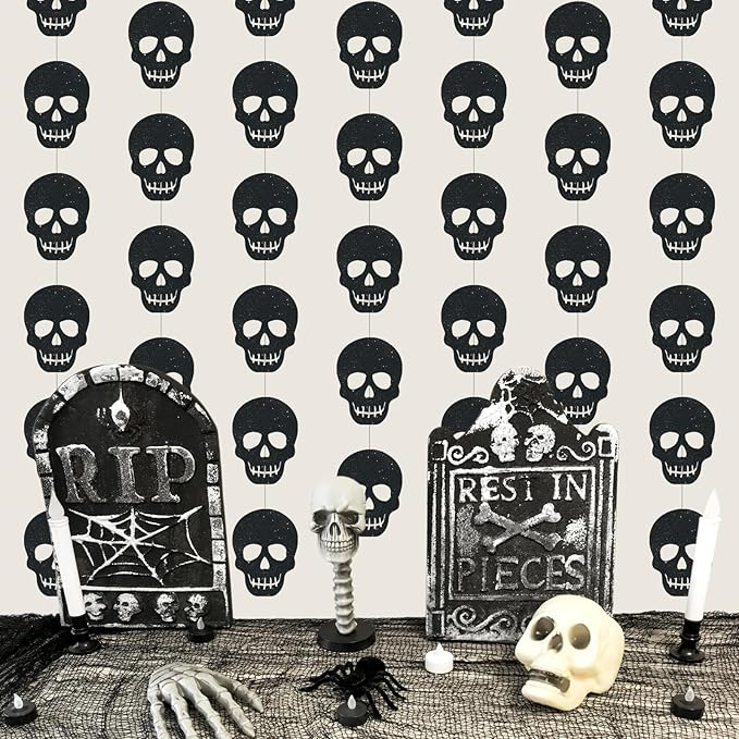 Xinnun Skull Party Decorations Black Skeleton Hanging Banners Garland Gothic Theme Banner Cutouts Ribbon Streamers for Halloween Spooky Funny Funeral Birthday Party Decor Supplies(Skull)