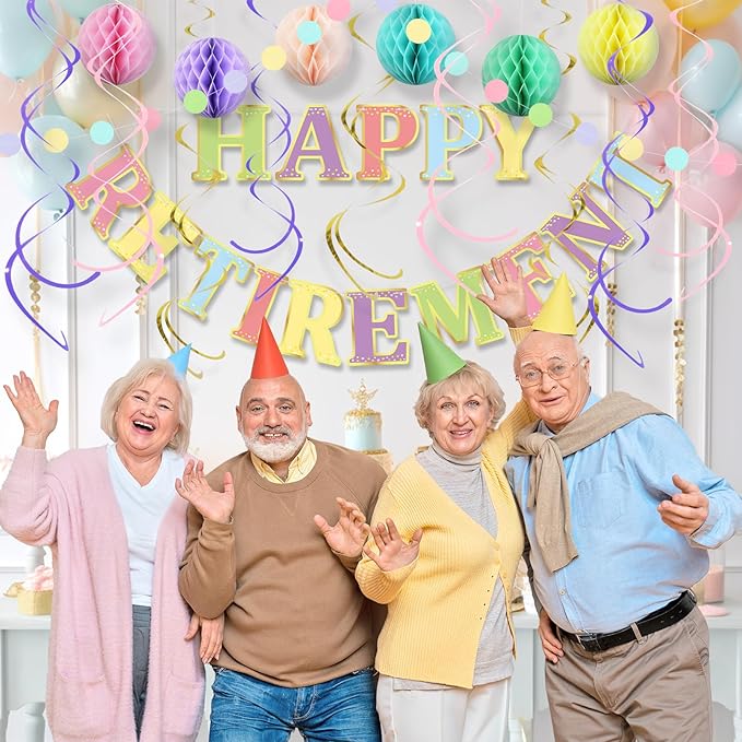 Retirement Party Decorations Kit for Women - 17-Piece Elegant Pastel Set with Pre-Strung Banner, Honeycomb Balls, Swirls & Garland | Instant Setup Party Decor | Retirement Gifts & Supplies