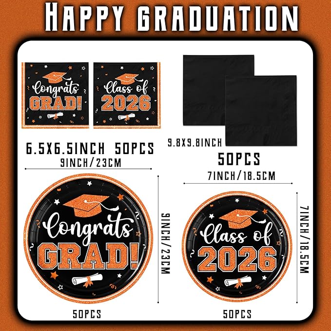 Graduation Plates and Napkins 2026,Orange Graduation Decorations 2026,200pcs Orange and Black Plates and Napkins Graduation Party Supplies for Graduation Party Decorations,Serve 50