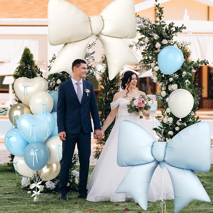 Blue and Cream Heart Balloons, 38 Inch Bow Balloons, Dusty Baby Blue Sand White Champagne Gold Balloon and Bow Heart Shaped Foil Balloon for boys Birthday Baby Boy Shower Valentines Day Decorations