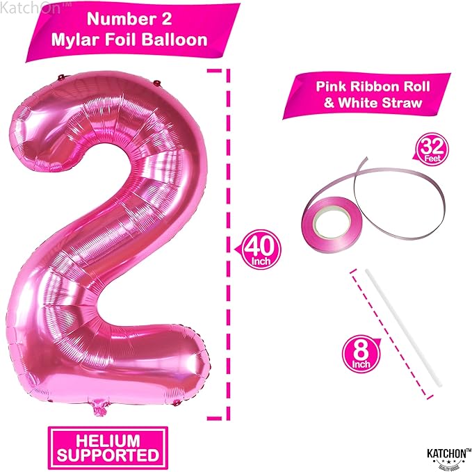 KatchOn, Hot Pink Number 2 Balloon - 40 Inch | 2 Balloon Number, Two Cool Birthday Party Decorations Girl | Pink Party Decor | 2nd Birthday Decorations for girl | 2nd Happy Anniversary Decoration