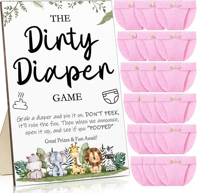 Roowest 51 Pcs Dirty Diaper Baby Shower Games Funny Wooden Sign with 50 Pcs Mini Diapers Cute Felt for Gender Reveal Party Baby Shower(Animals Pink)