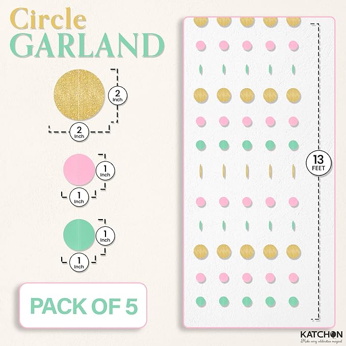 KatchOn, Circle Dots Paper Garland - 65 Feet, Pack of 5 | Colorful Birthday Garland for Pink Gold Birthday Decorations | Gold Hanging Decorations for Wedding, Baby Shower, Bridal, Classroom Decor