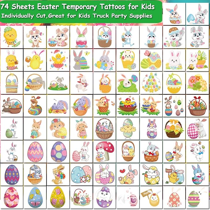 Easter Temporary Tattoos for Kids Party Supplies - 74 Individually Sheets Easter Egg Bunny Tattoos for Boys Girls Party Favors Goodie Bag Fillers