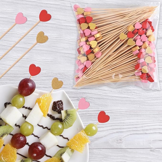 JtmyAota 100 Pack Heart-Shaped Bamboo Cocktail Picks, 4.7" Heart Toothpicks for Appetizers, Natural Bamboo Food Picks for Valentines Wedding Birthday Party Decoration