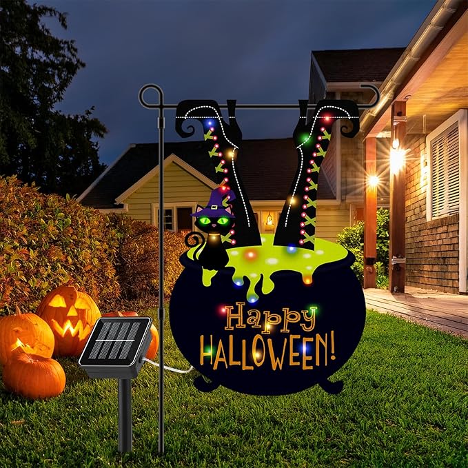 Halloween LED Lighted Garden Flag for Outside, 12x18 in Solar Double Sided Witch Feet Shape Yard Flag, Halloween Decorations for Patio Lawn, Home Porch