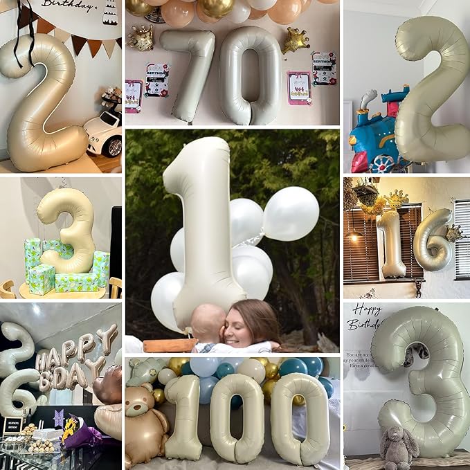 Smlpuame 40 Inch Cream Number Balloons 0-9, Giant Self-Sealing Beige Foil Number 0 White Sand Digit Helium Balloon for Boys Girls Women Men Party Anniversary Supplies Decorations