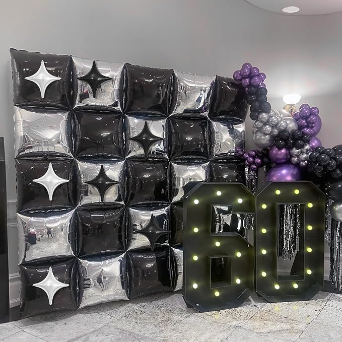 32PCS Black and Silver Square Foil Balloons Wall, Double Sided Metallic Silver Black Checkered Square Balloon Backdrop Flat Tunnel with Star Balloon Background for Disco Birthdays Graduation New Year