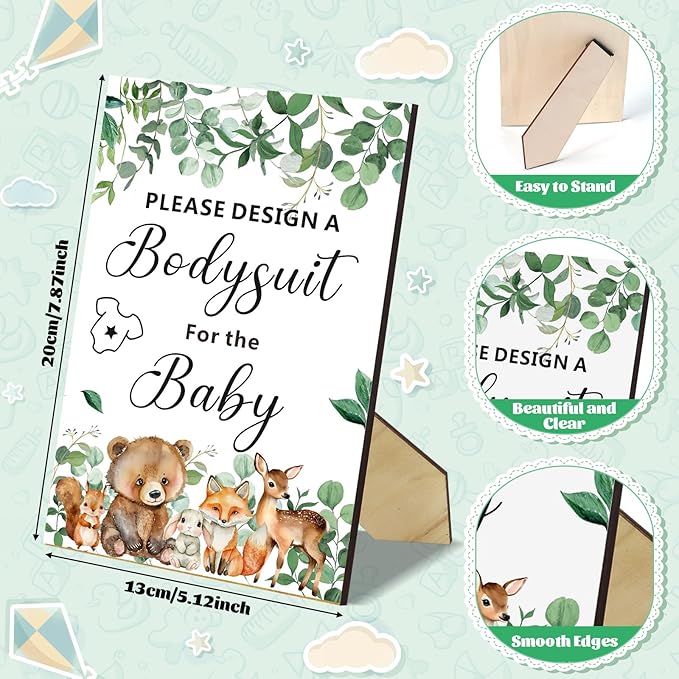 201 Pcs Baby Shower Set Baby Shower Game Sign Baby Bib Bodysuit White Baby Bib Newborn Bodysuit Baby Shower White Decorating Kit(Woodland Animal)