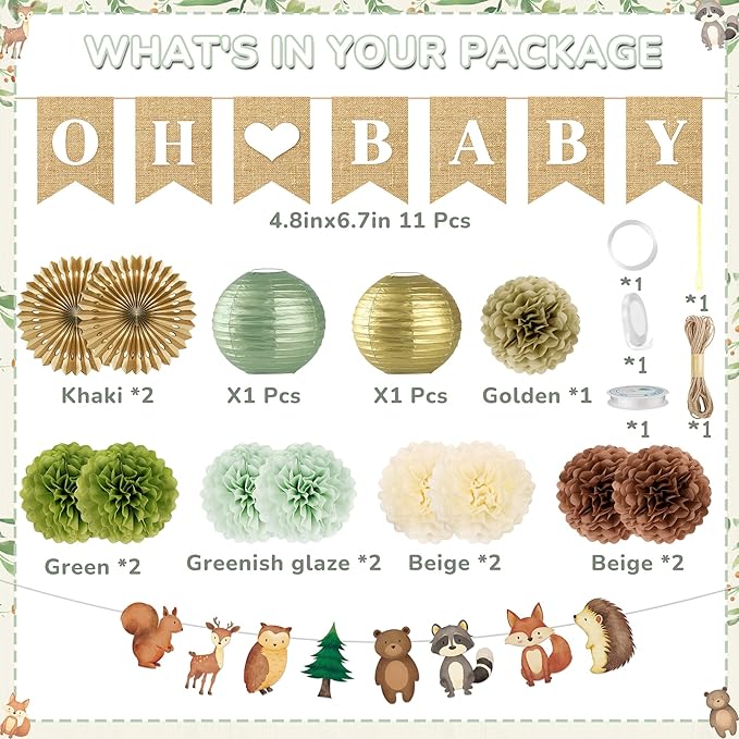 Kriyokiaa Woodland Baby Shower Decorations 15 Pcs Baby Shower Decorations with Oh Baby Banners Paper Lantern Paper Flower Pom Poms