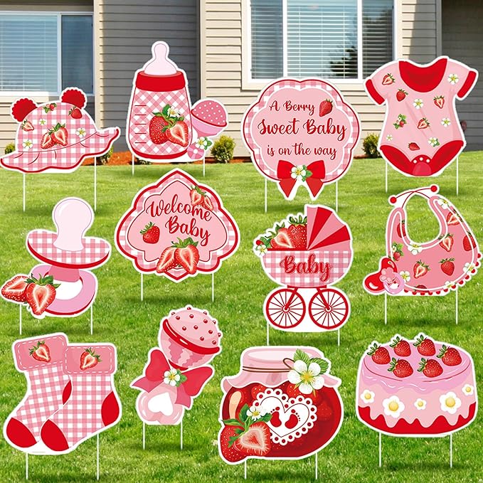 Amyhill 12 Pcs Strawberry First Birthday Yard Signs with Stakes Outdoor Strawberry Garden Decorations Waterproof Outdoor Decoration for Baby Shower Patio Lawn Walkway Birthday Party Decorations