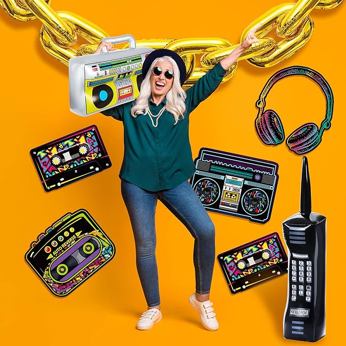 Zhanmai 26 Pieces 80s 90s Party Decorations Inflatable Boombox Radio Mobile Phone Gold Foil Chain Balloons 80s 90s Props Retro Cassette Headphones Player Cutouts for Hip Hop Party Supplies
