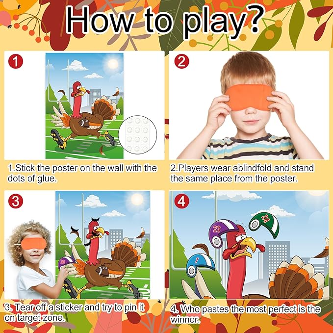 PLULON Thanksgiving Games Pin The Hat on The Turkey with 24 Pcs Turkey Hat Stickers for Thanksgiving Party Favors Festive Fall Party Activities Birthday Party Decorations