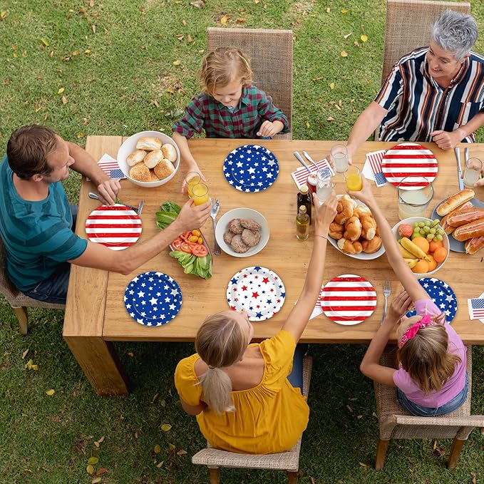 60pcs 4th of July Party Supplies Set American Flag Patriotic Party Paper Plates Disposable Red White Blue Star Dinnerware for Veterans Election Day 4th of July Independence Day Decorations Serve 60