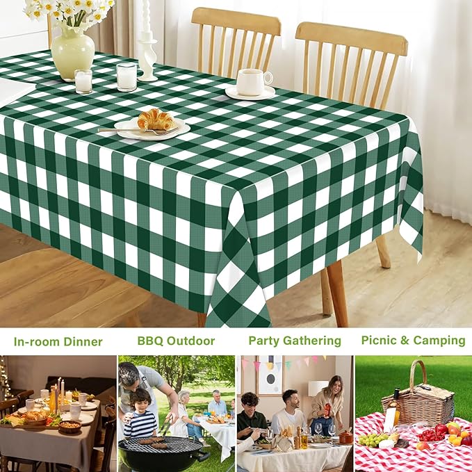 Mulbozy Dark Green Gingham Tablecloth 4 Pack, 54 x 108 Inch Plastic Table Cloth Disposable, Green and White Checkered Table Cover for Party Supplies