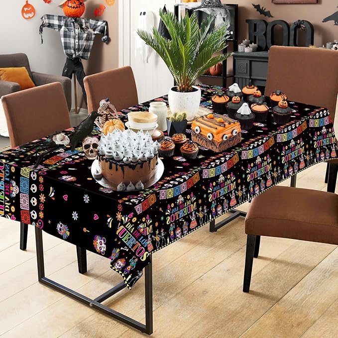 2 Pcs Day of The Dead Table Cloth - Plastic Dia De Los Muertos Tablecloth, Disposable Sugar Skull Floral Table Cover for Halloween Mexican Fiesta Party Decorations Supplies Favors, 108 x 54 Inch