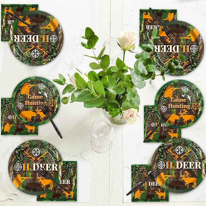 chiazllta 96 Pcs Hunting Camo Party Paper Plates and Napkins Supplies Deer Hunting Party disposable Plates Tableware Hunting decorations for Kids Party Favors 24 Guests