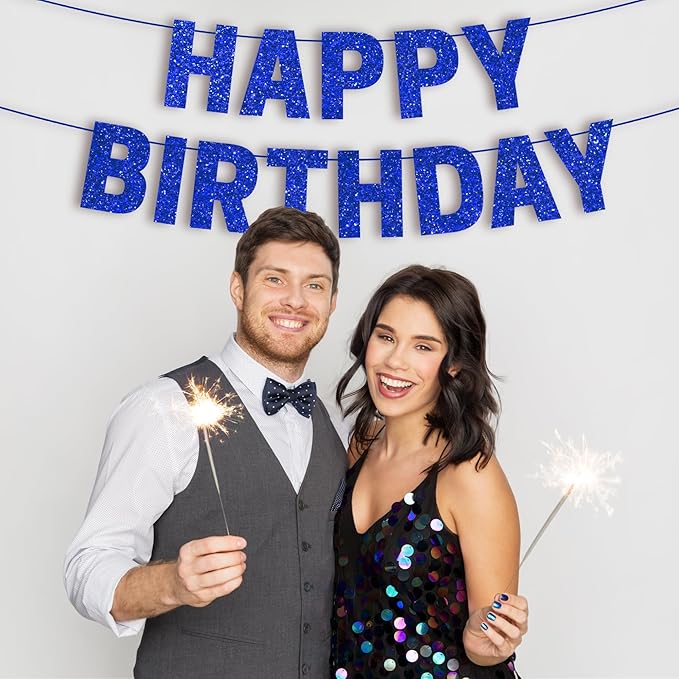 Pre-strung Happy Birthday Banner - No DIY - Blue Glitter Happy Birthday Party Banner for Men Woman Boys Girls - Pre-strung on 8 ft Strands - Blue Bday Party Decorations & Decor. Did We Mention No DIY