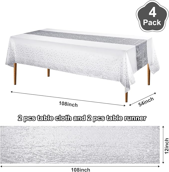 Irenare Tablecloth and Sequin Table Runner Set Polka Dots Confetti Table Cover Dining Plastic Tablecloths Glitter Decorations for Birthday Wedding Anniversary Party Supplies(White, Silver,4 Pcs)