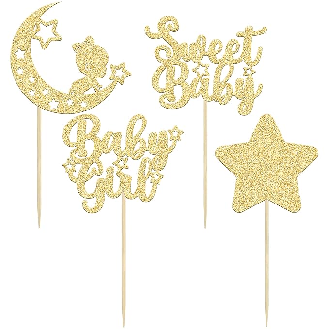 Gyufise 24Pcs Gold Glitter Baby Girl Cupcake Toppers Star Moon Sweet Baby Shower Cupcake Picks Decorations Baby Shower Girls Birthday Party Decorations Supplies
