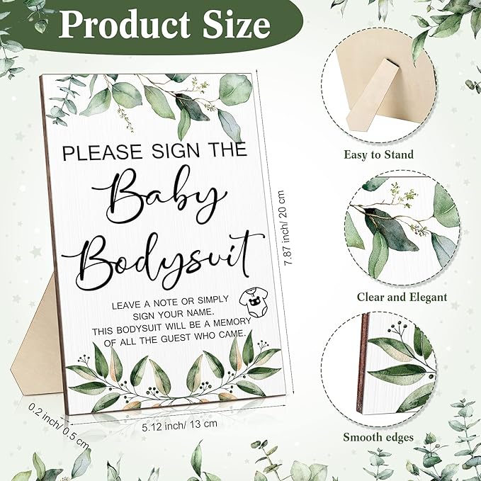 Qunclay 12 Pcs Baby Shower Game Decor with White Unisex Bodysuit Wooden Sign Tabletop Decor and Marker for Guests(Greenery)
