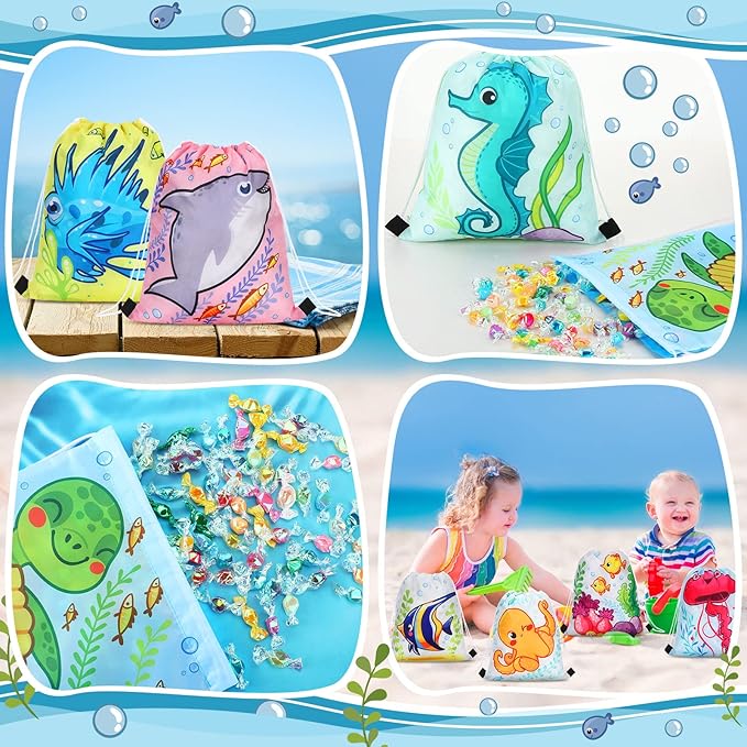 Marsui 24 Pcs Marine Animal Party Favor Drawstring Bags Gift Goodie Candy Favors Bags for Birthday Party Supplies