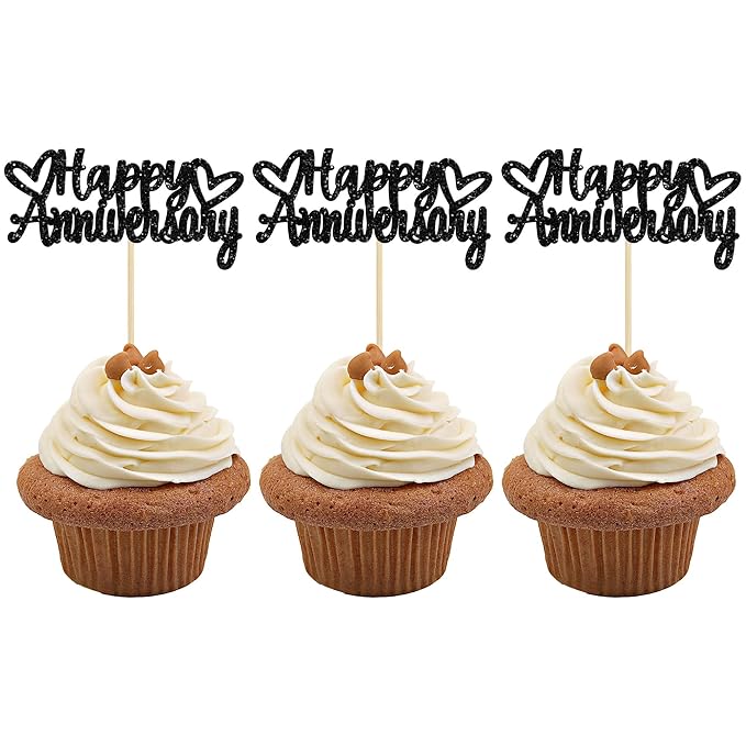 Gyufise 24 Pack Happy Anniversary Cupcake Toppers Black Glitter Anniversary Party Supplies Cake Decorations Wedding Celebration Party Decoration Supplies