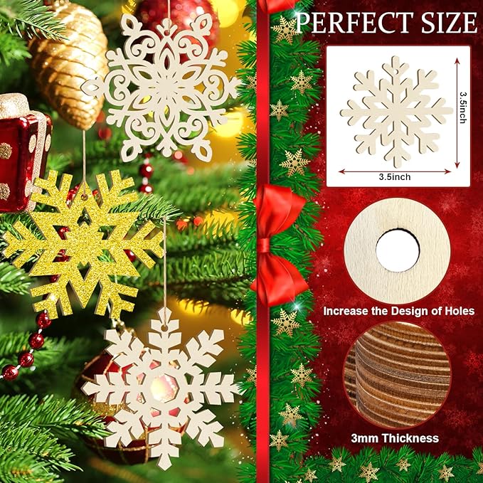 36PCS Wooden Christmas Decoration Snowflake Ornaments to Paint Christmas Ornaments for Tree Crafts Cutouts Unfinished, DIY Blank Fall Unfinished Snowflakes Ornament for Home Hanging
