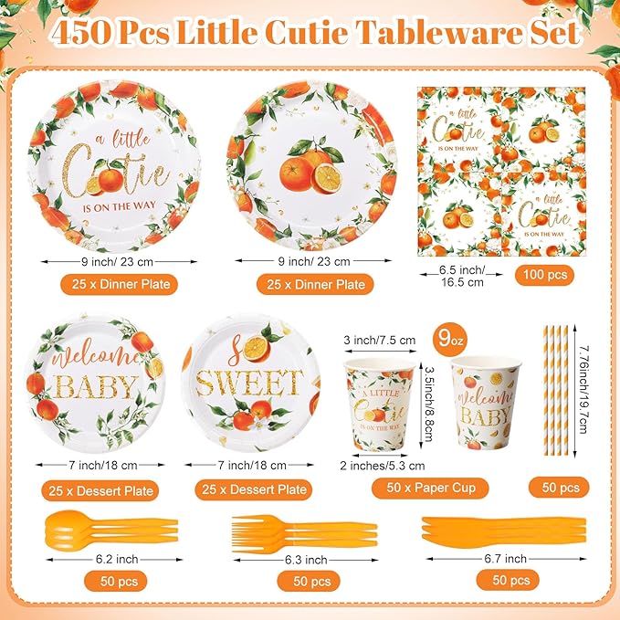 450 Pcs Little Cutie Baby Shower Tableware Set Decorations A Little Cutie is on the Way Paper Plates Disposable Napkins Cups Cutlery Straws for Orange Fruit Birthday Party Supplies, Serves 50