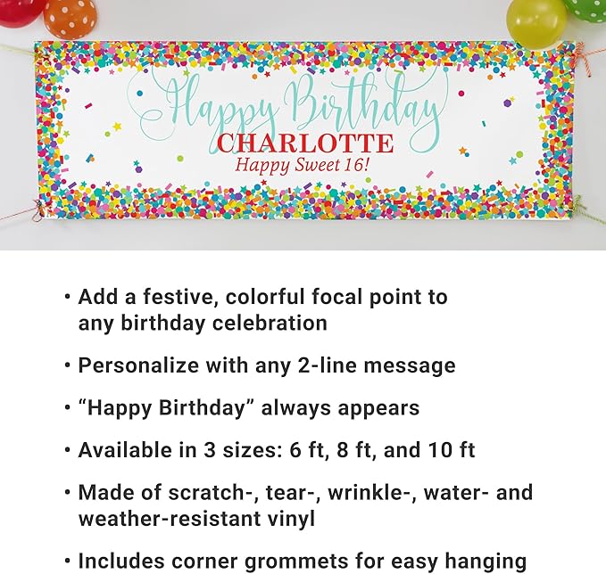 Let's Make Memories Personalized Happy Birthday Banner for Kids - Custom Colorful Party Decorations - Indoor/Outdoor Vinyl - Any Text - Happy Birthday Confetti - 6ft