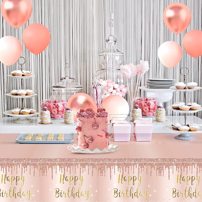 3 Pcs Pink Rose Gold Happy Birthday Tablecloth Decorations for Women, Happy Birthday Table Cover Party Supplies, 16th 21st 30th 40th 50th Birthday Plastic Disposable Rectangular Table Cloth Decor