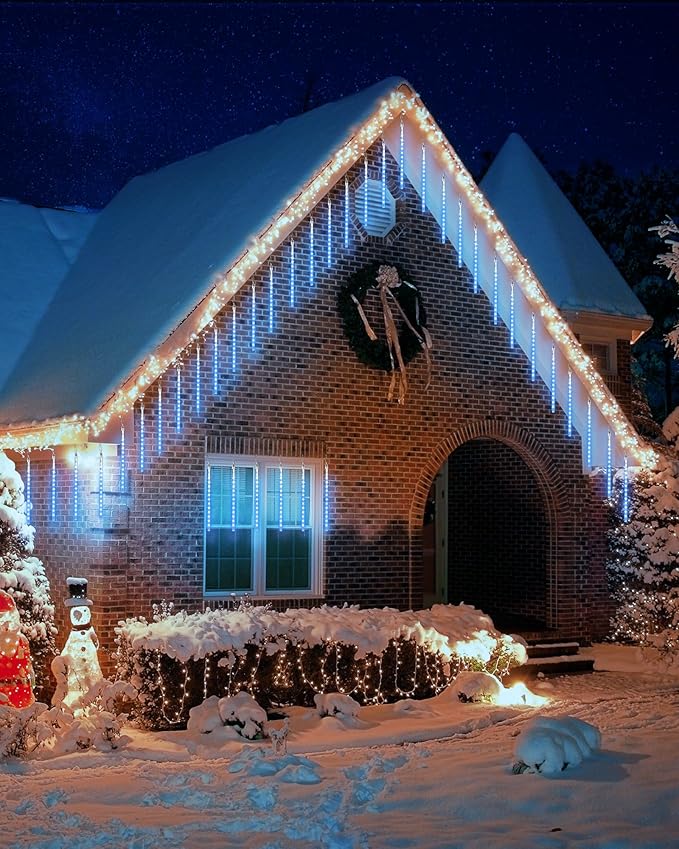 iBaycon 20 Tubes 480 LED Meteor Shower Rain Lights, 11.8 inches Cascading Icicle Lights Waterproof Outdoor, Connectable Falling Raindrop Lights with Timer for Holiday Party Christmas Decorations