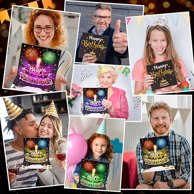 INPHER UPGRADED DIY Age Birthday Cards Fireworks Pop Up Cake Light and Music Black and Gold Happy Birthday Card Gift for Husband, Men, Women, Mom, Grandma