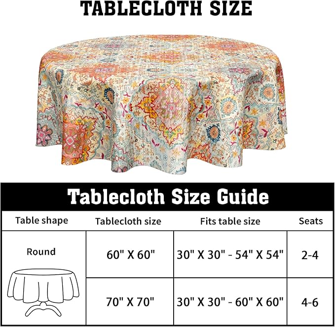 Boho Round Tablecloth Colorful Bohemian Circle Table Cloth 70 Inch Vintage Rustic Farmhouse Table Cover Washable Polyester Indoor Decorations for Home Kitchen Dinning Party