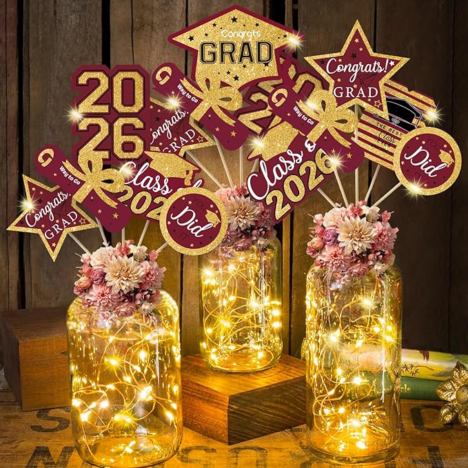 OuMuaMua Graduation Decorations Class of 2026-30pcs Maroon Gold Graduation Table Centerpieces Sticks Table Toppers with Lights for College High School Congrats Grad Party Supplies
