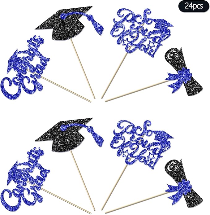 24Pcs Black Blue Graduation Cupcake Toppers 2026, Glitter Grad Cap Diploma Congrats Grad We Are So Proud of You Cupcake Toppers for Class of 2026 Graduation Party Decorations.