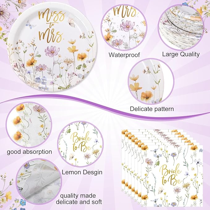 Pickmesh 250 Pcs Wildflower Bridal Shower Decorations Floral Miss to Mrs Plates and Napkins Sets Bride to Be Disposable Paper Tableware Set for Wedding, Engagement, Bachelorette Party, Serves 50
