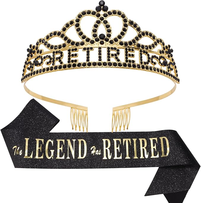 SuPoo Retirement Party Decorations Retired Sash for Women Black Gold Retired Tiara Crown Rhinestone Headband Retirement Gifts The Legend Has Retired Sash for Both Women and Men Party Supplies Favors