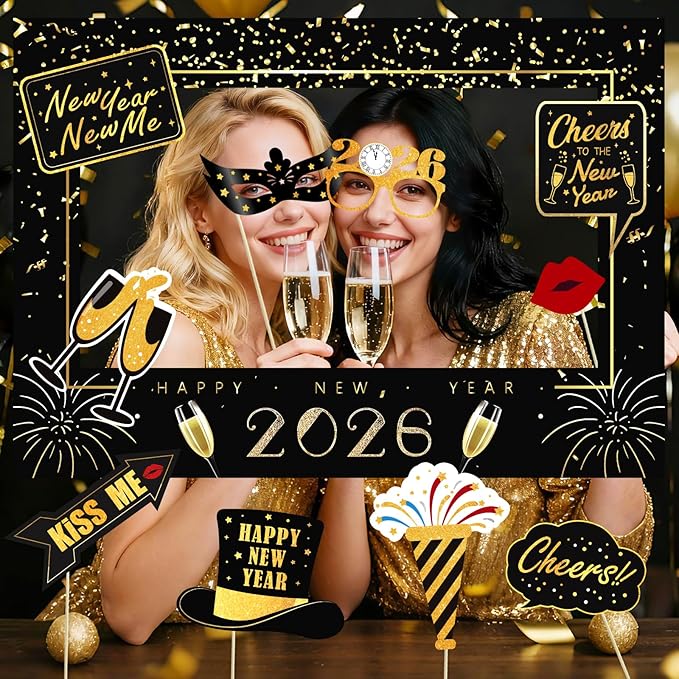 New Years Eve Party Supplies 2026, NYE Decorations Photo Booth Props Kit with Glitter Frame, Black Gold Funny Glasses & Mustache for Selfie (Pack of 17)