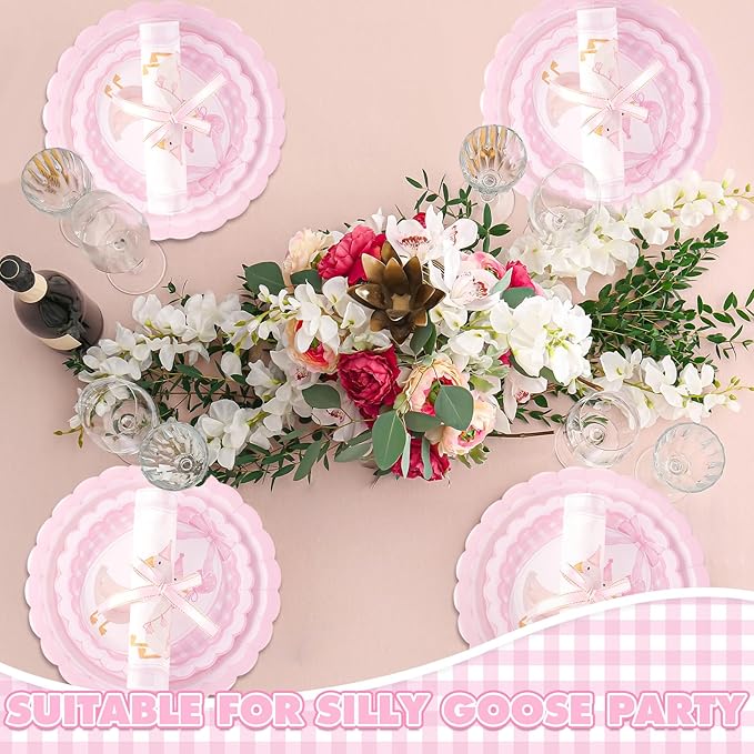 Zhehao 350 Pcs One Silly Goose Birthday Party Tableware Set Scalloped Pink Baby Shower Plates Cup Napkins Forks for Birthday Party Decorations Supplies for 50 Guests
