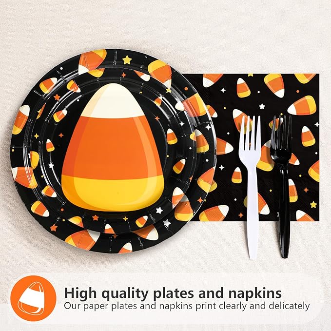 Grencian 96PCS Candy Theme Corns Halloween Party Supplies Set Orange Trick Treat Halloween Plates and Napkins Candy Theme Corns Disposable Tableware Set for Birthday Decorations
