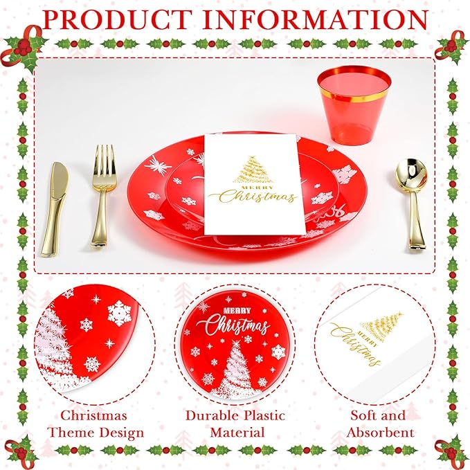Maxcheck 175 Pcs Christmas Plastic Dinnerware Merry Christmas Plate Set 25 Dinner Plate 25 Dessert Plate 25 Napkin 25 Fork 25 Knives 25 Spoon 25 Cup for Xmas Holiday Party Supplies Serve for 25