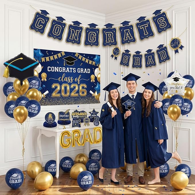 Night Blue Gold Balloons GRAD Print Balloons with Banner Table Honeycomb Centerpieces Hanging Swirl backdrop Stars Graduation Cap GRAD Letters Mylar Balloons for 2026 graduate Prom Decorations