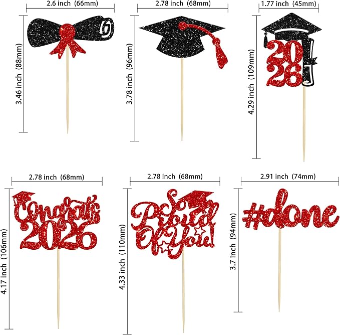 Gyufise 24Pcs 2026 Graduation Cupcake Toppers Glitter Congrats Class of 2026 Diploma Done Grad Cap So Proud of You Cupcake Picks So Proud of you Cake Decoratiosn Red