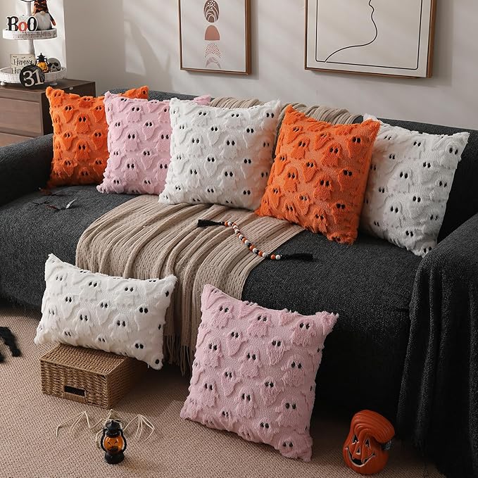 DFXSZ Halloween Pillow Covers 20x20 inch Set of 2 Orange Ghost Throw Pillow Cases Soft Plush Faux Fur Wool Couch Cushion Case for Chair Sofa Bedroom Living Room Home Decor PTK03C20
