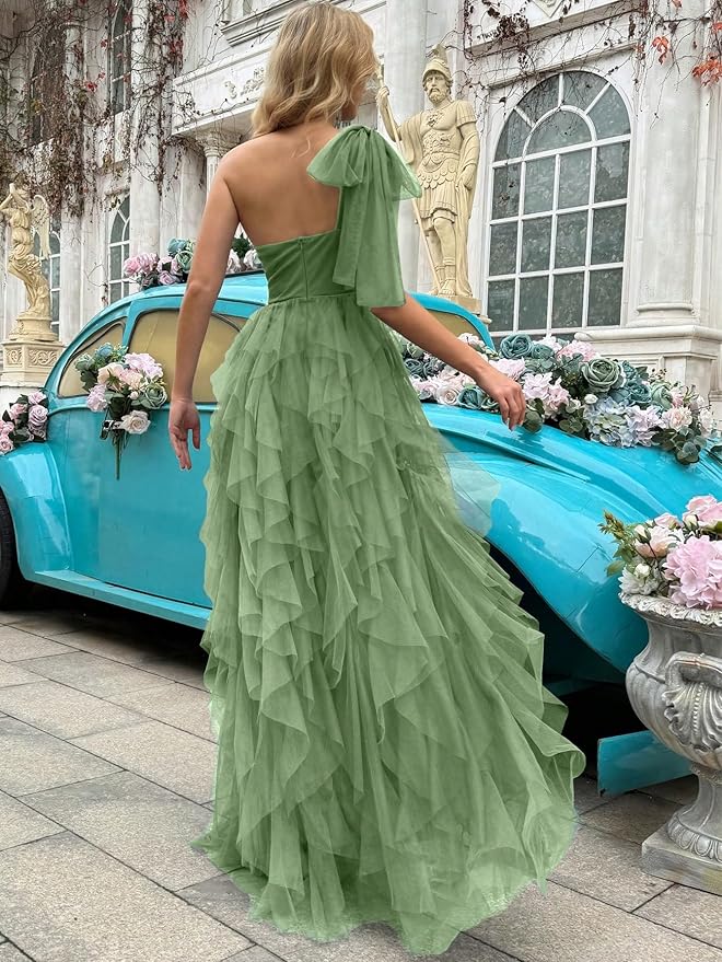 Summer Women Tulle Prom Dress Elegant Bow One Shoulder Slit Evening Party Gown Wedding Guest Bridesmaid Maxi Dress